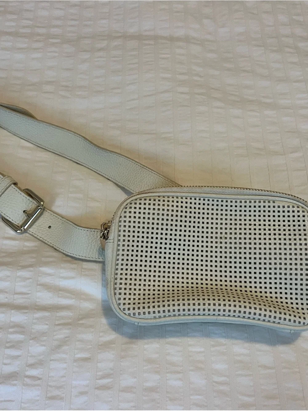 Cream Perforated Leather Crossbody Belt Bag with Adjustable Strap